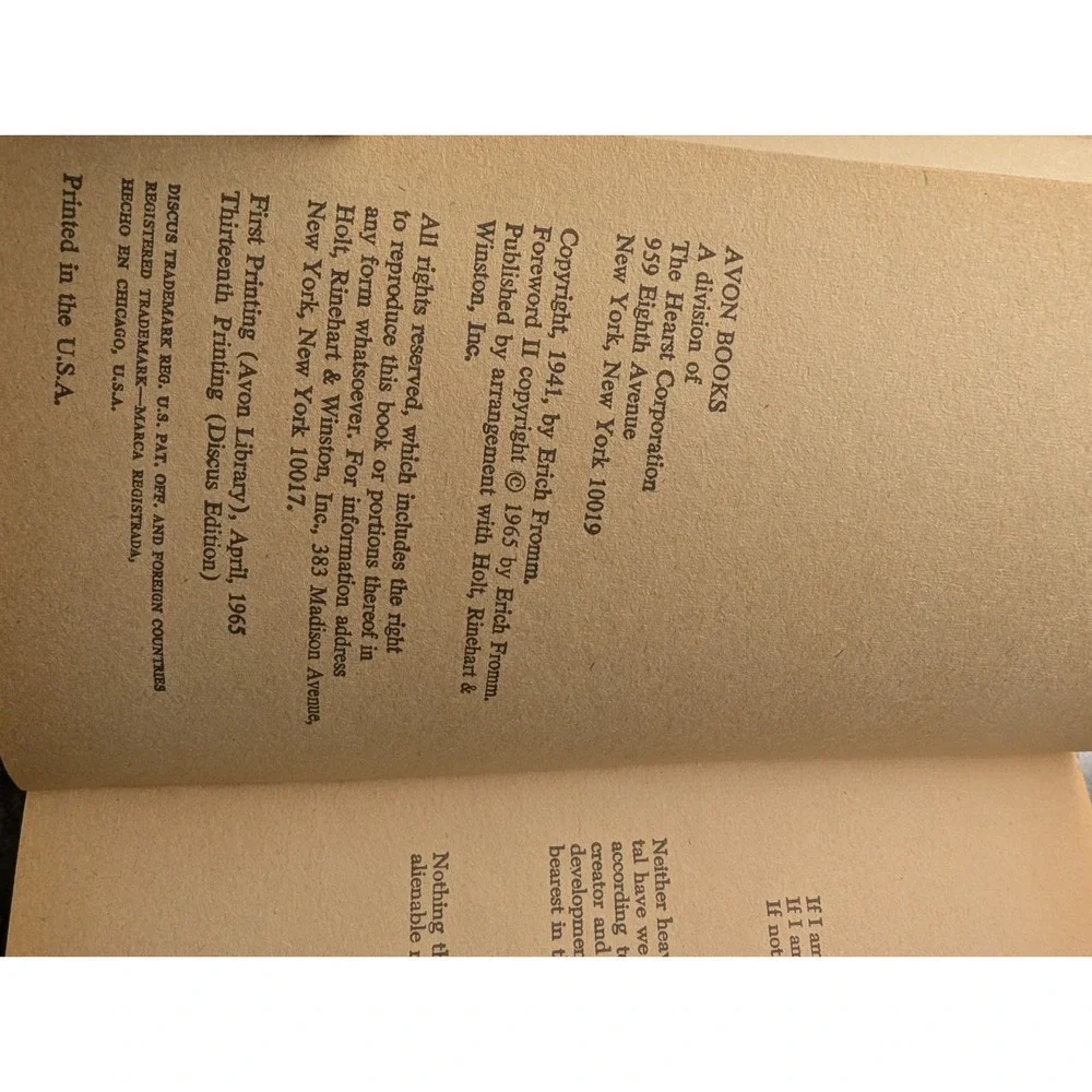Escape From Freedom Erich From 1965 Paperback‎ - Discus Books